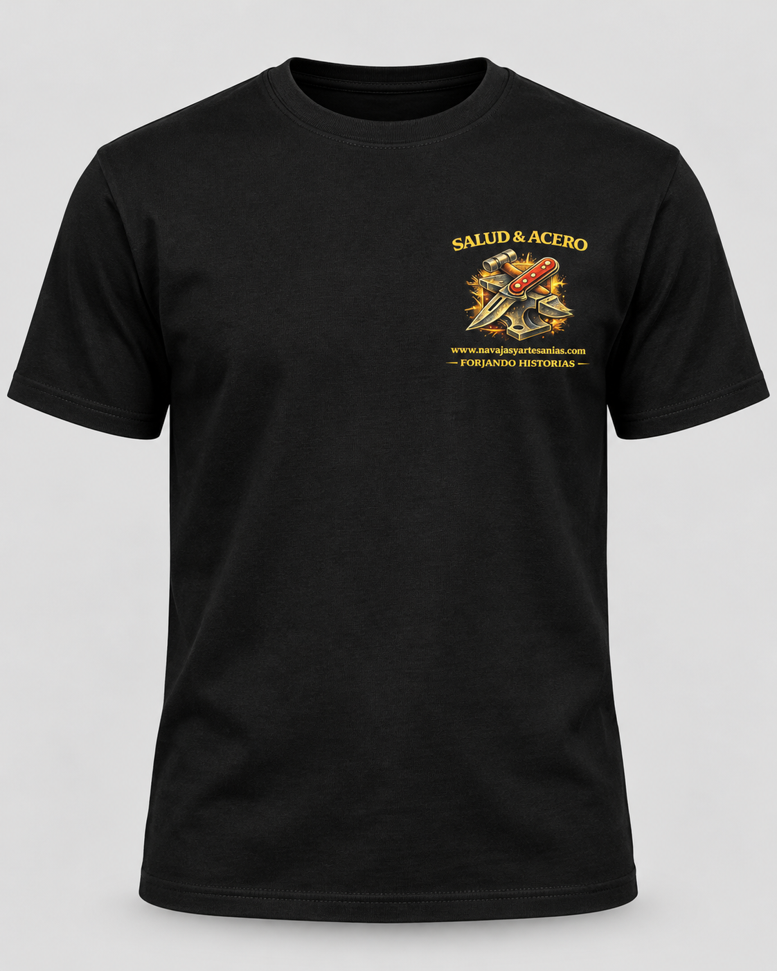 Camiseta Salud & Acero – Forjando Historias | Camiseta de Cuchillería Artesanal